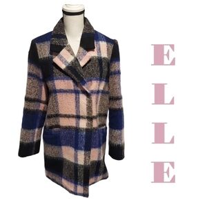 Elle pink and blue plaid pea coat wool snap front womens size 12